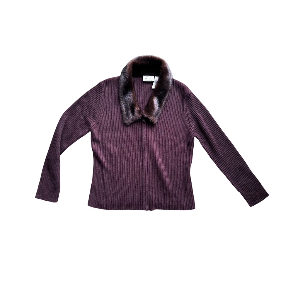 Y2K Kathie Lee Collection Faux Fur Collar Zip Up Ribbed Cardigan Woodland Large
